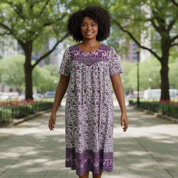 Daffodil 100% Cotton Boho Floral Lounge Dress Purple Size Medium - Picture 1 of 9